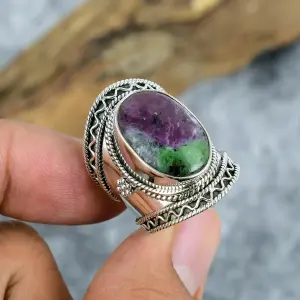 Natural Ruby Zoisite 925 Sterling Silver Bezel Statement Ring