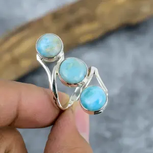 Nakshmart 925 Sterling Silver Republic Larimar Statement Ring