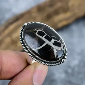 Natural Lighting Stone Septarian 925 Sterling Silver Statement Ring