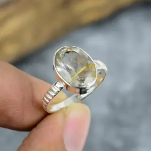 Natural Golden Rutile Quartz 925 Sterling Silver Statement Ring