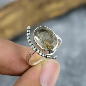 Nakshmart 925 Sterling Silver Natural Golden Rutile Statement Ring
