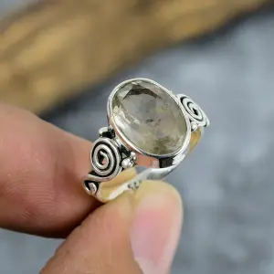 Natural Golden Rutile Quartz 925 Sterling Silver Statement Ring
